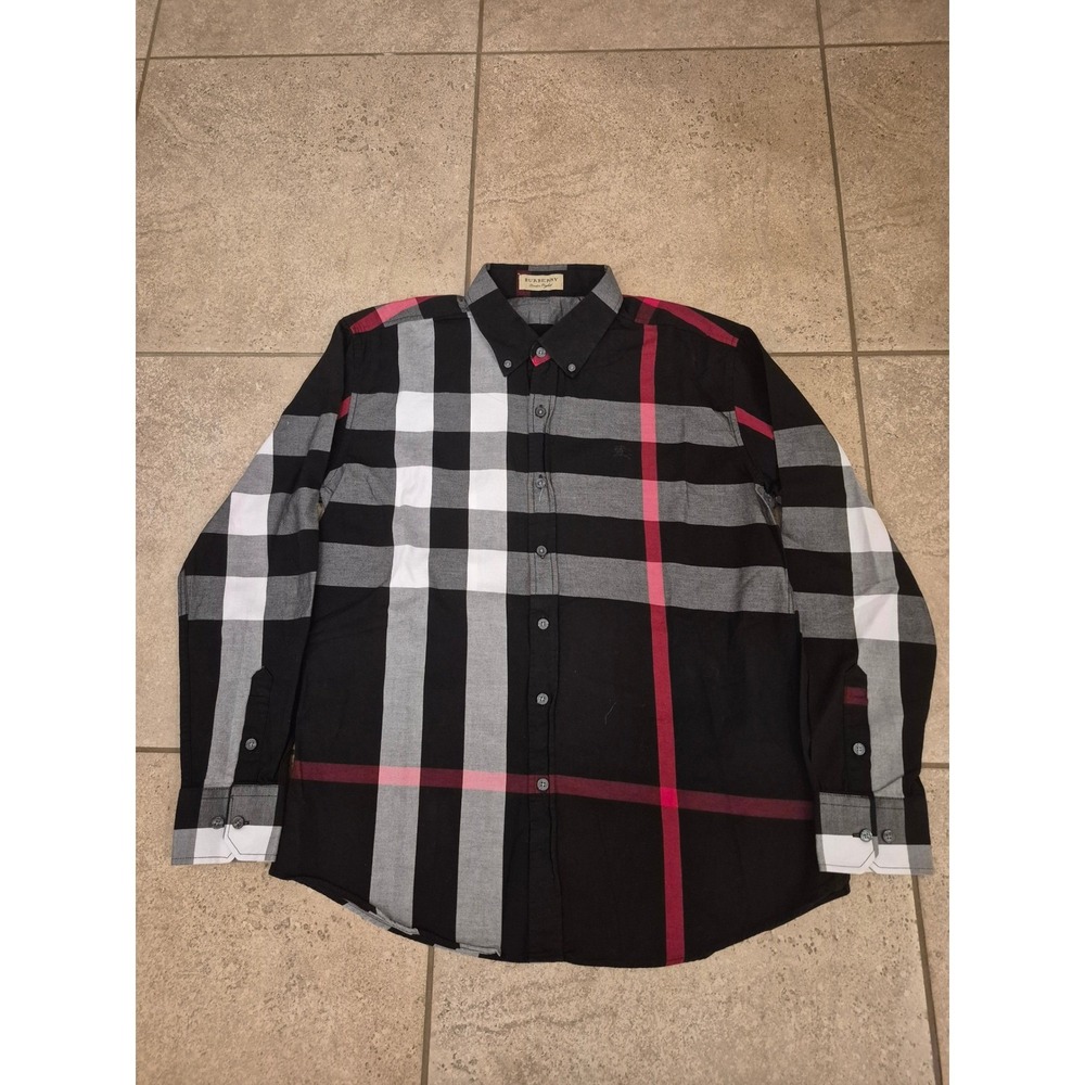 Burberry London England Men's Check Cotton Shirt Long Sleeves Black Red Gray - Picture 11 of 13